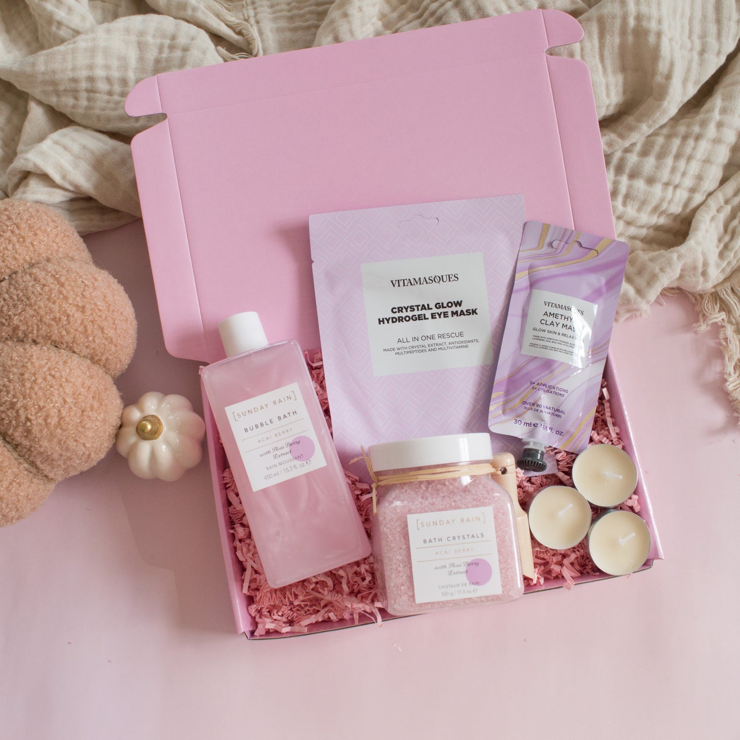 Roze cadeaubox met Acai Berry badproducten, maskers en geurkaarsen