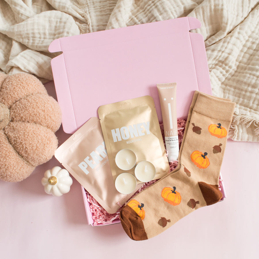 Cadeaubox herfst met pompoensokken en gezichtsmasker